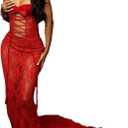 Sexy Strapless Lace Maxi Dress See Through Sleeveless Bodycon Tube Sheer Mermaid Dress Evening Party Gowns Dresses (Large, Red)