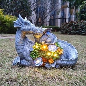 VIOYOUNS Solar Dragon Statue with LED Lights, Dargon Lover Gifts with Succulent and 6 LED Lights for Outdoor, Solar Dragon Decor for Yard, Garden and Patio, Unique Garden Statue for Mom Grandma