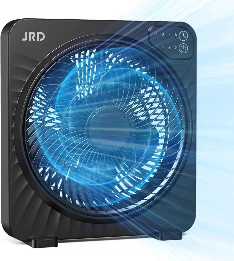 JRD 13inch Box Fan with Robust Airflow, Cooling Desk Fan with Digital Touch Control, 3 Speed Settings, 5 Blades, 15-Hour Timer, Portable Table Fan for Bedroom, Office, Home, Kitchen, Black