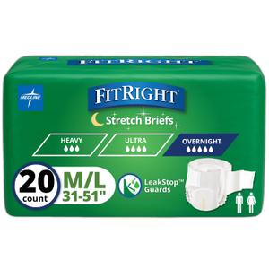 4-Pack Medline FitRight Extended Wear Stretch Briefs, Overnight Adult Diapers with Tabs, Size 1 (Bag of 20)