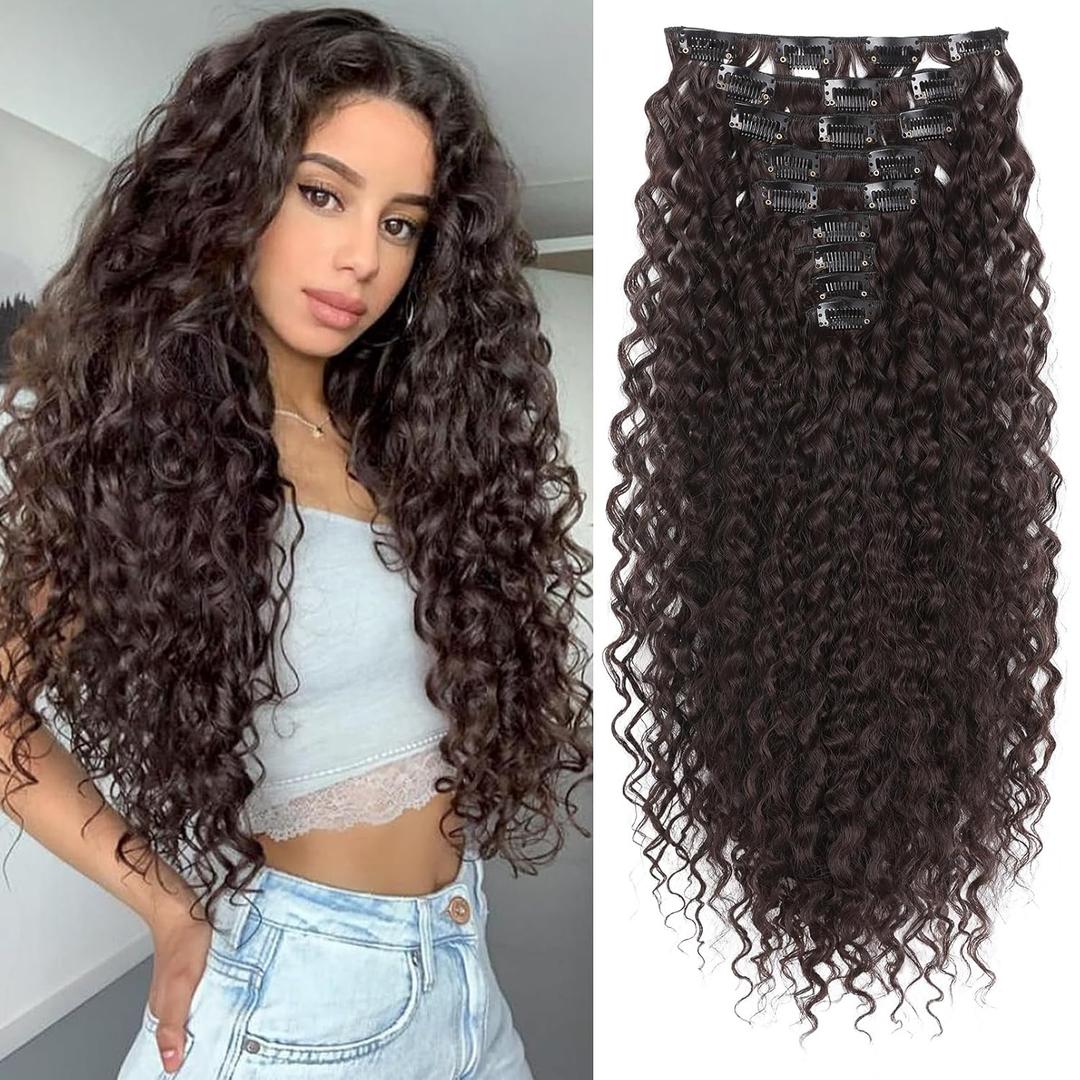 LONAI Hair Extension,9PCS Brown 22" Curly Clip in Hair Extensions LN002 Long Soft Thick Synthetic Hairpieces for Women-Dark Reddish Brown