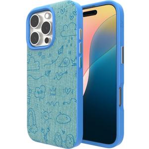 ZAGG London Snap Case for iPhone 16 Pro Max - Embroidered Doodle Fabric Design, MagSafe Compatible, 13ft Drop Protection with Graphene, Slim & Lightweight, Wireless Charging Compatible, Blue