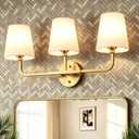 MOKATNG Bathroom Light Fixtures, 3-Light Brushed Gold Vanity Lights, Bathroom Lighting Fixtures Over Mirror with Flared White Fabric Shade, Modern Wall Sconces for Living Room Hallway