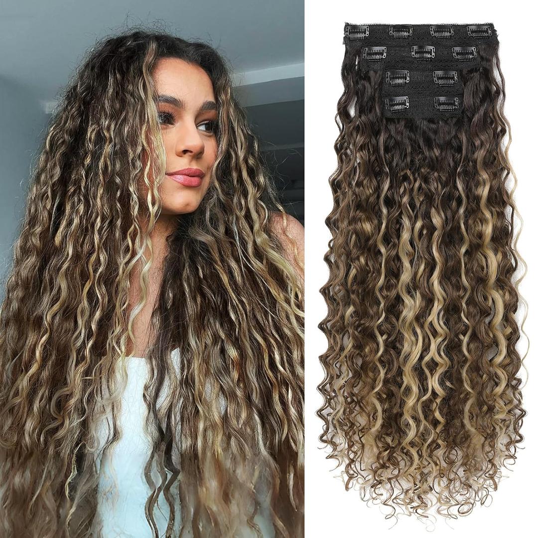 LONAI 4PC Clip in Hair Extensions, 100 Pure Protein Silk Curly Hair Extension for Women, 26 Inch Long Soft Natural Hair Extensions-Medium Brown Ash Blonde Highlight