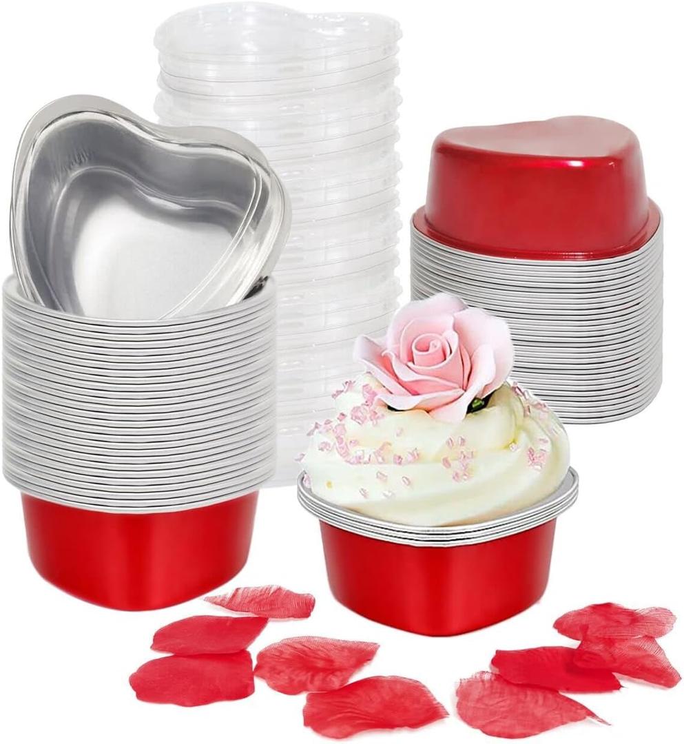 Heart Shaped Cake Pans for Baking with Red Petals, BLVRYVIO 50 Sets Aluminum Cupcake Cups with Lids, 100 ml/ 3.5 Ounces Red Disposable Mini Foil Pans for Valentine's Day Wedding Parties (50)