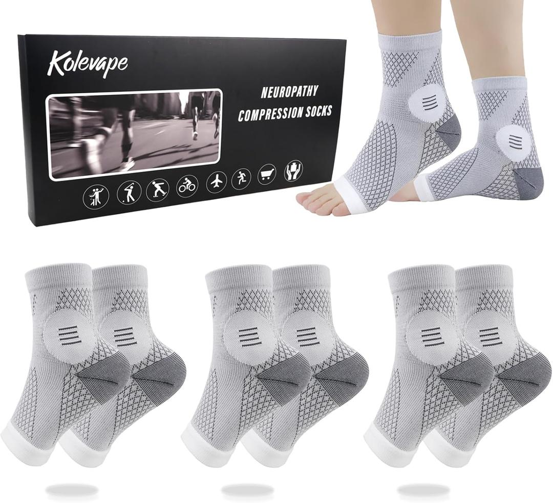 3Pairs Neuropathy Socks for Women and Men, Toeless Compression Socks for Neuropathy Pain Relief, Open Toe Foot Compression Sleeves for Plantar Fasciitis, Arch Support and Ankle Support (Large, White(3pcs))