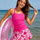 Girls Swimsuit 2 Piece Halterneck Tankini Swimsuits with Printed Skirt Drawstring Bathing Suit, Size 13-14 Years (Pink)
