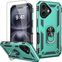 IKAZZ for iPhone 16 Case 6.1 Inch with Screen Protector,Military Grade Shockproof Heavy Duty Protective Phone Cover Pass 16ft Drop Test with Magnetic Kickstand Car Mount Holder,Turquoise Color