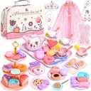 Tea Party Set for Little Girls, 63Pcs Pretend Play Toys, Princess Dress Up Tea Time, Tin Tea Sets for Toddlers 3-5 6 with Dessert, Carrying Case, Kids Kitchen Playset, Birthday Gift for Toddler Girls, Pink Floral