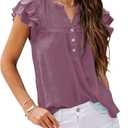 Orchidays Women's V Neck Lace Crochet Shirts Short Sleeve Button Down Casual Solid Blouse Tops (L)