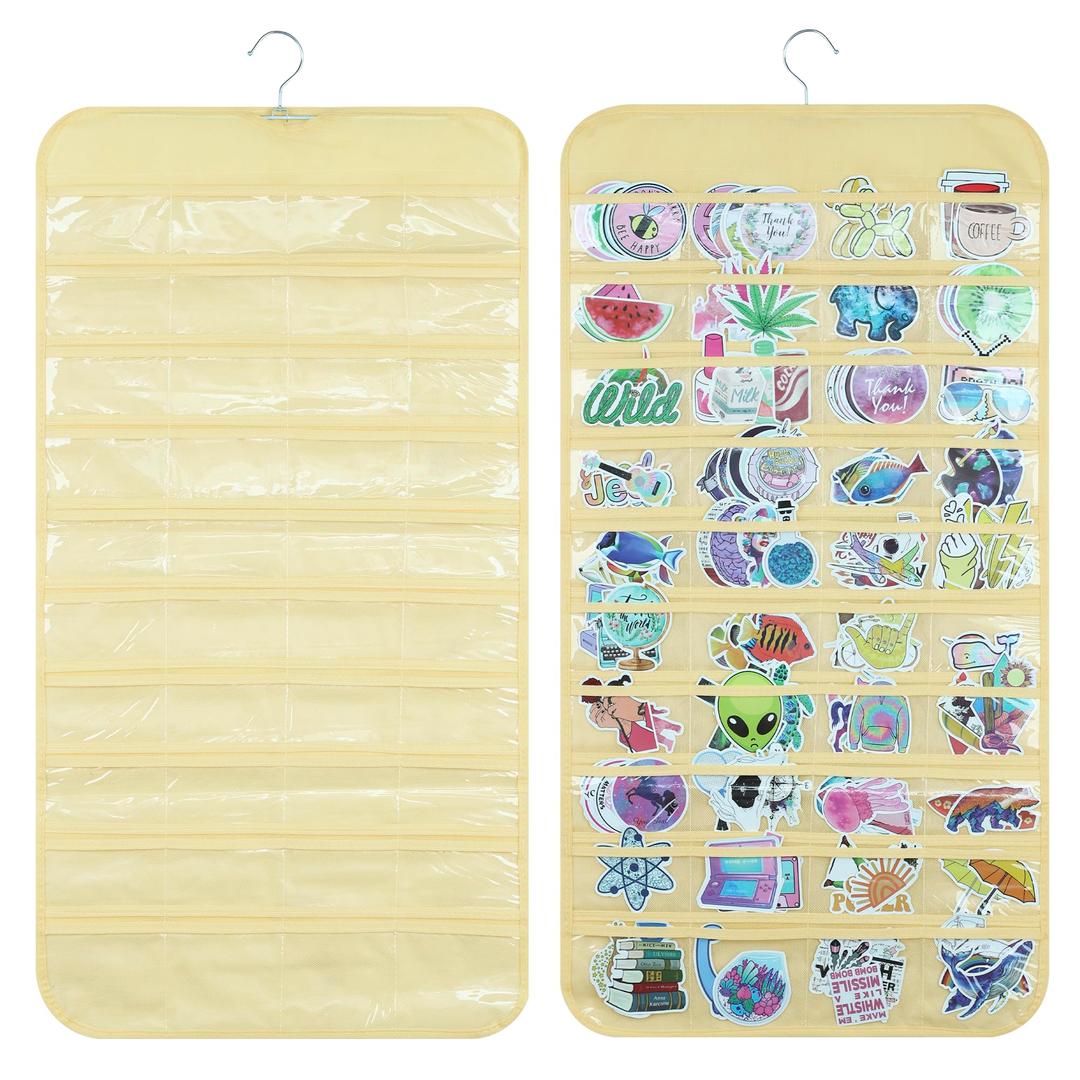 PACMAXI Hanging Sticker Display Organizer, Double-Sided 80 Pocket Sticker Storage, Portable Wall-Hanging Sticker Holder for Vendors, Collectors, and Crafters (Beige)