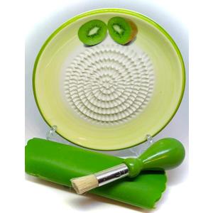 All-in-one Premium Ceramic Garlic Grater Plate 4-Piece Set - Kiwi Design, Classic Style - For Garlic, Ginger, Chocolate, and more! - Comes with 5.25" Plate, Peeler, Brush, and Stand