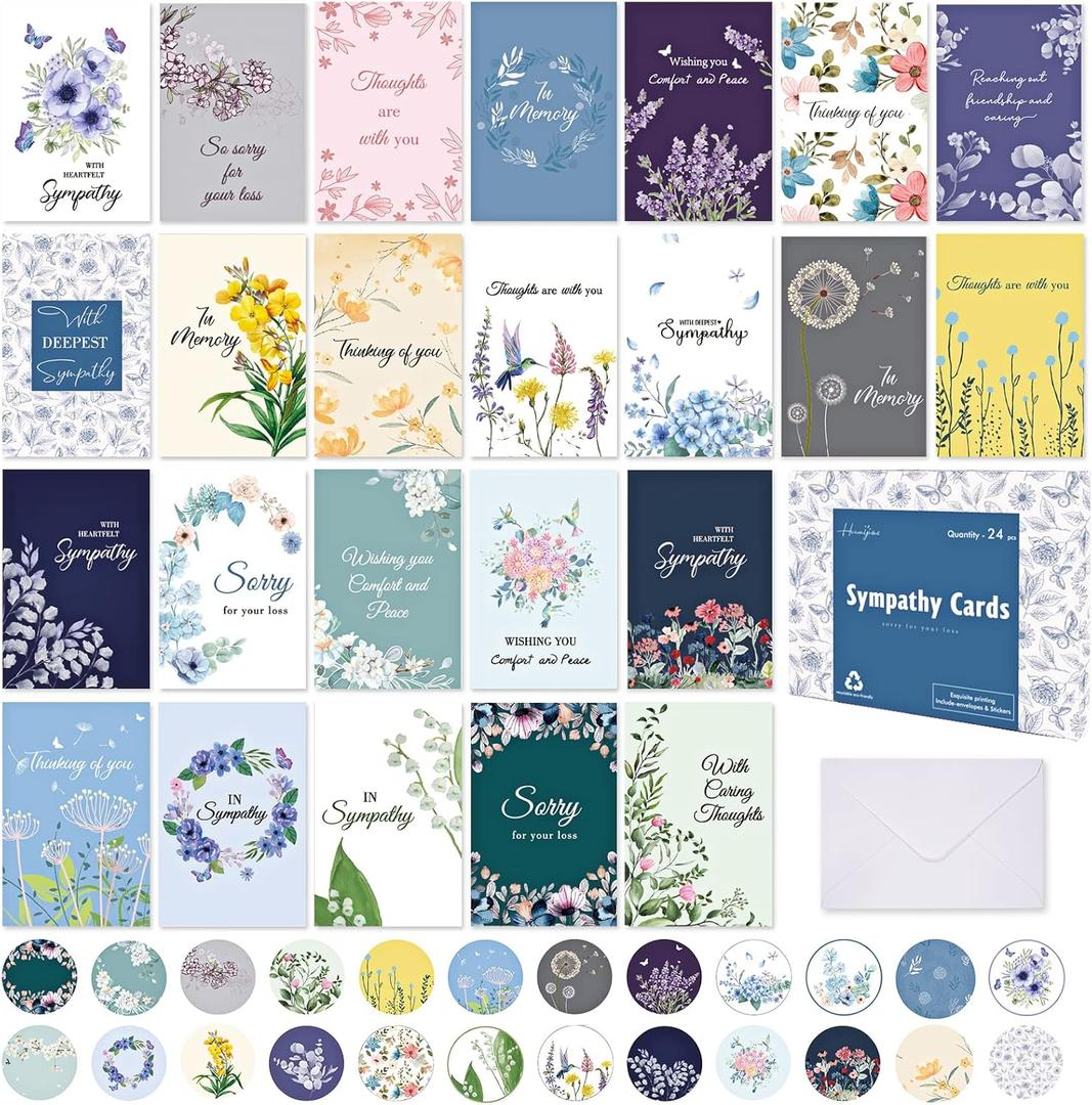 24 Unique Sympathy Cards with Envelopes and Stickers, Assortment Floral Butterflies Condolence Cards with Greetings Inside, Watercolor Boxed Sympathy Cards Bulk to Support Friends and Family