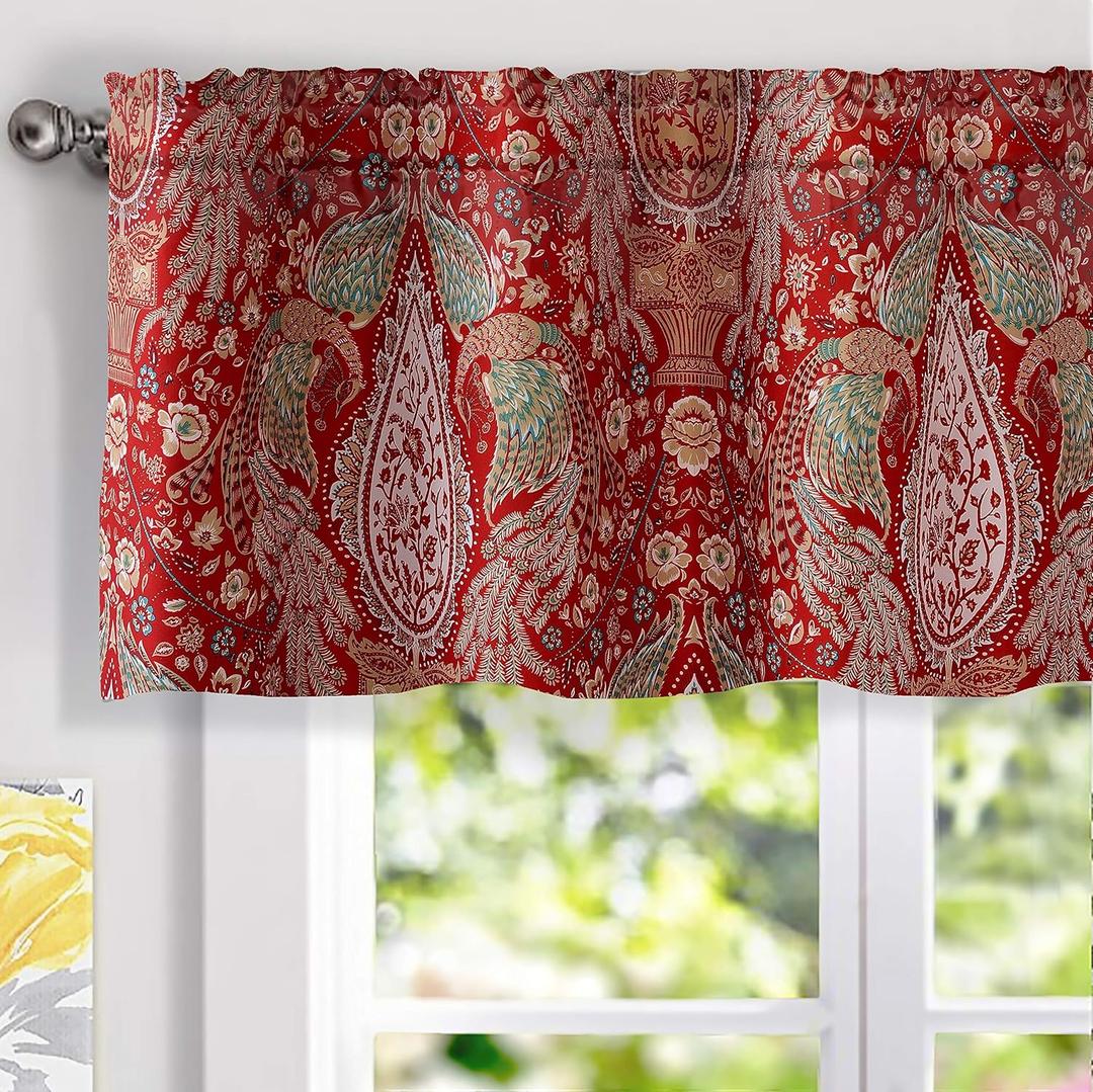 DriftAway Christopher Peacock Floral Pattern Thermal Insulated Blackout Window Curtain Valance Rod Pocket 2 Layers 52 Inch by 18 Inch Plus 2 Inch Header Red
