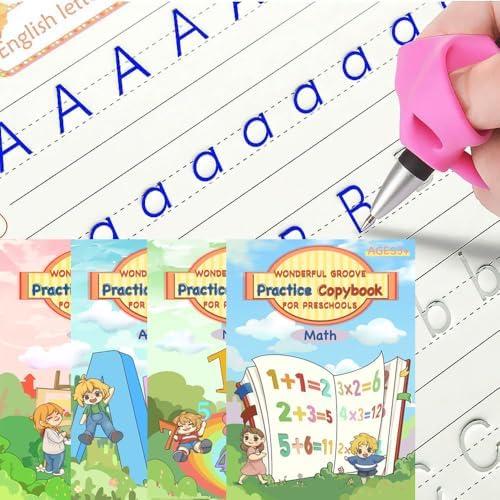 Magic Grooved Writing Practice Book，Reusable Grooved Handwriting Workbooks 4 Pack with Pens，Preschool Writing Practice for Kids 3-5