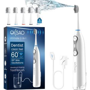 Electric Toothbrush with Water Flosser for Adults, 3-in-1 Sonic Brush & Floss Combo, Cordless Oral Irrigator with 5 Brush Heads, 3 Modes, 30-Day Battery, Travel Toothbrush for Braces, Sensitive Gums