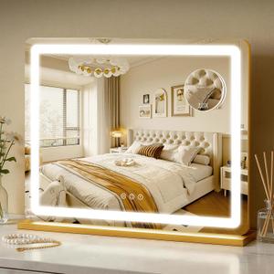 ROLOVE 23"x18" Gold Vanity Mirror with Lights, Large Lighted Makeup Mirror with 10X Magnifier, 3 Color Lighting & Stepless Dimming, Wall Mounted or Tabletop Desk Mirror for Bedroom
