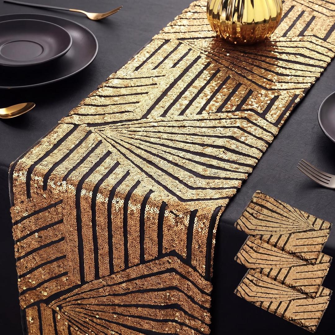 Peryiter 3 Pcs Roaring 1920's Table Runners Decorations 12 x 72 Inch Great 20's Black and Gold Table Runner Sequin Reusable Tablestrip for 1920s Vintage Speakeasy Wedding Party