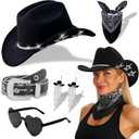 Cowboy Hat for Women Men with Sparkly Stars Brim & Rhinestone Belt and Heart Sunglasses Bandana Cowboy Hat Earrings (Black)