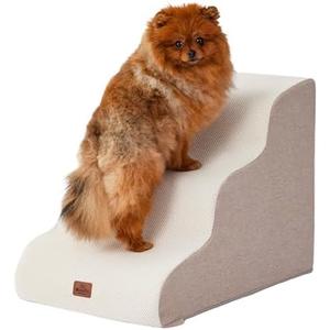 Beige Curved Dog Stairs Ramp for Small Dogs & Cats 17" H, 3-Step Dog Steps for Couch Sofa and Chair, Pet Stairs for Cats, Non-Slip Balanced Pet Steps