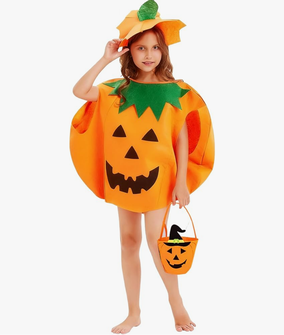 Halloween Kids Pumpkin Costume Set with Poncho, Hat and Treat Bag for Toddler Kids Youth