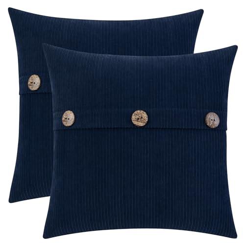 HWY 50 Navy Blue Chenille Throw Pillow Covers 22x22 Inch with Triple Buttons, Soft Farmhouse Accent Decorative Cushion Cases for Couch Sofa Bed Living Room Pack of 2