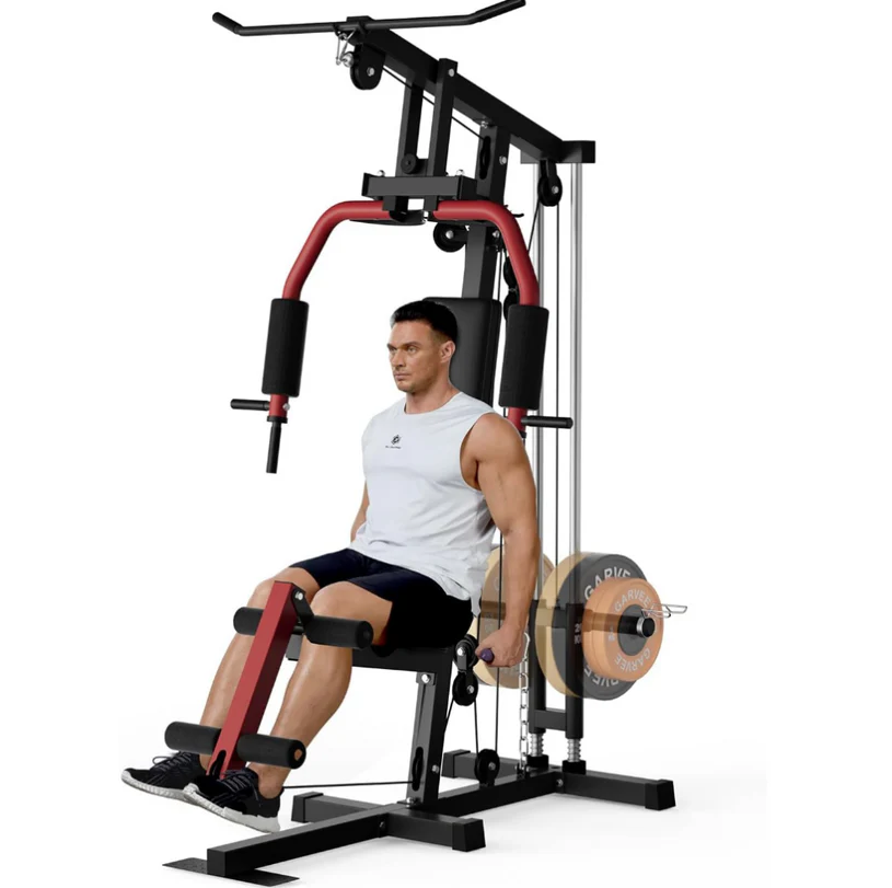 GARVEE Home Gym Machine, Multifunctional Full Body Workout Equipment with Pulley System,Leg Press Support for Strength Training, Workout Station Suit for 1“&2” Holes of Weight Plates (Not Includ), Red&Black