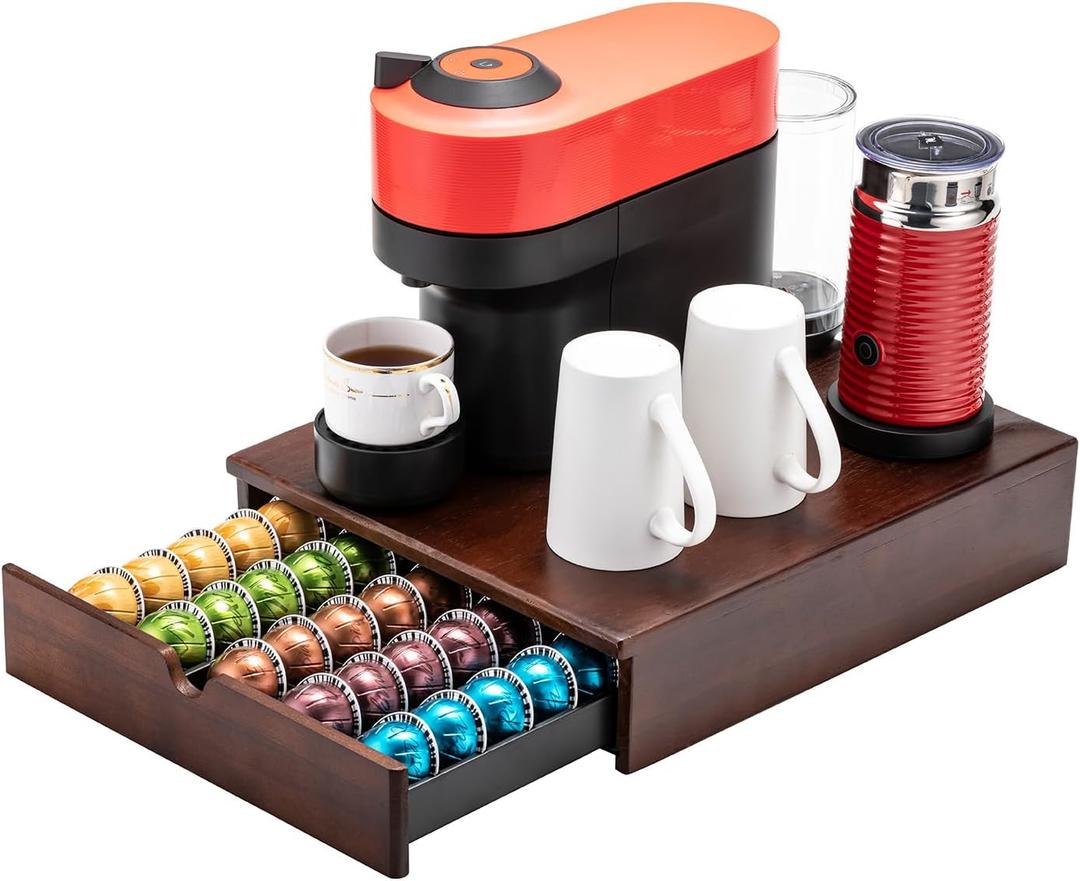 FlagShip Nespresso Vertuo Pod Drawer Storage - Elegant Wood Frame, 50 Pod Capacity