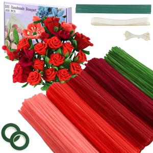 400 Pcs Pipe Cleaners Craft,5 Assorted Colors Pipe Cleaners Bulk, Chenille Stems for DIY Flower Making Kit with Floral Wires, Gardening Tape,Stamen& Ribbon (Red)