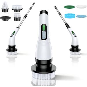Electric Spin Scrubber for Bathroom: Shower Scrubber with Long Handle, Dual Speed Cordless Power Cleaning Scrub, 7 Brush Heads, IPX7 Waterproof Heavy Duty Cleaner Tools for Tub Tile Grout Wall