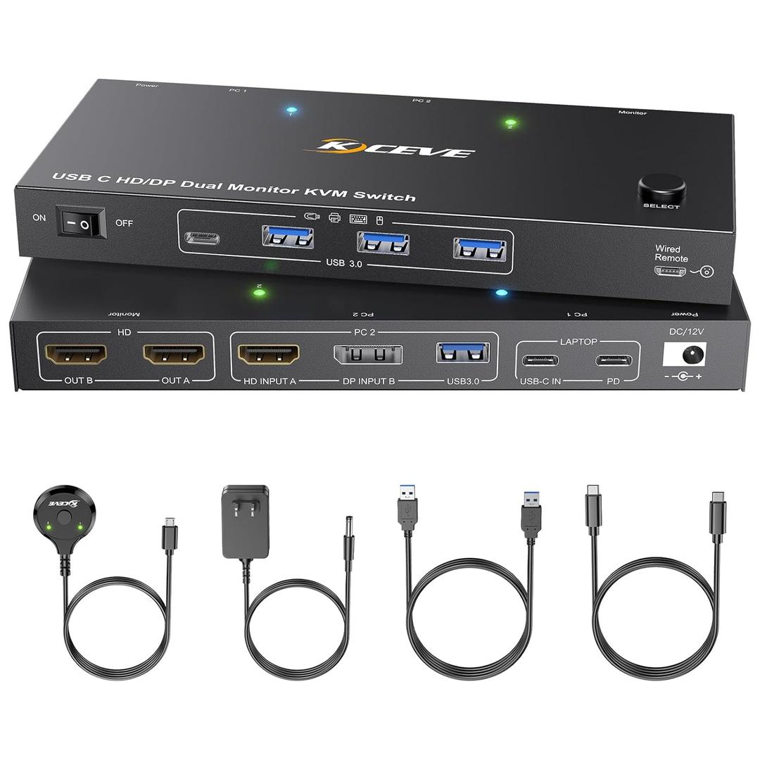 KCEVE KVM Switch 2 Monitors 2 Computers USB C HDMI DP, KVM Switch Dual Monitor for Laptop & Desktop, USB 3.0 MST Dual HDMI 4K@60Hz, PD 60W for Laptop, with Wired Remote