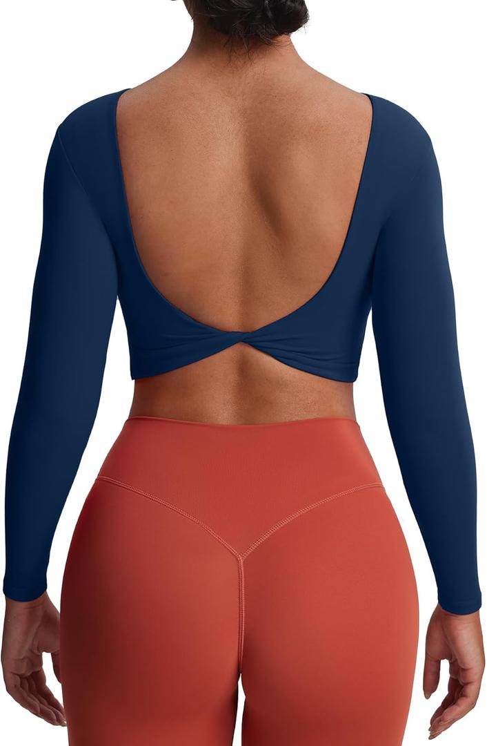 Aoxjox Long Sleeve Crop Tops for Women Emma Twist Back Workout Cropped T Shirt Top (Navy) M