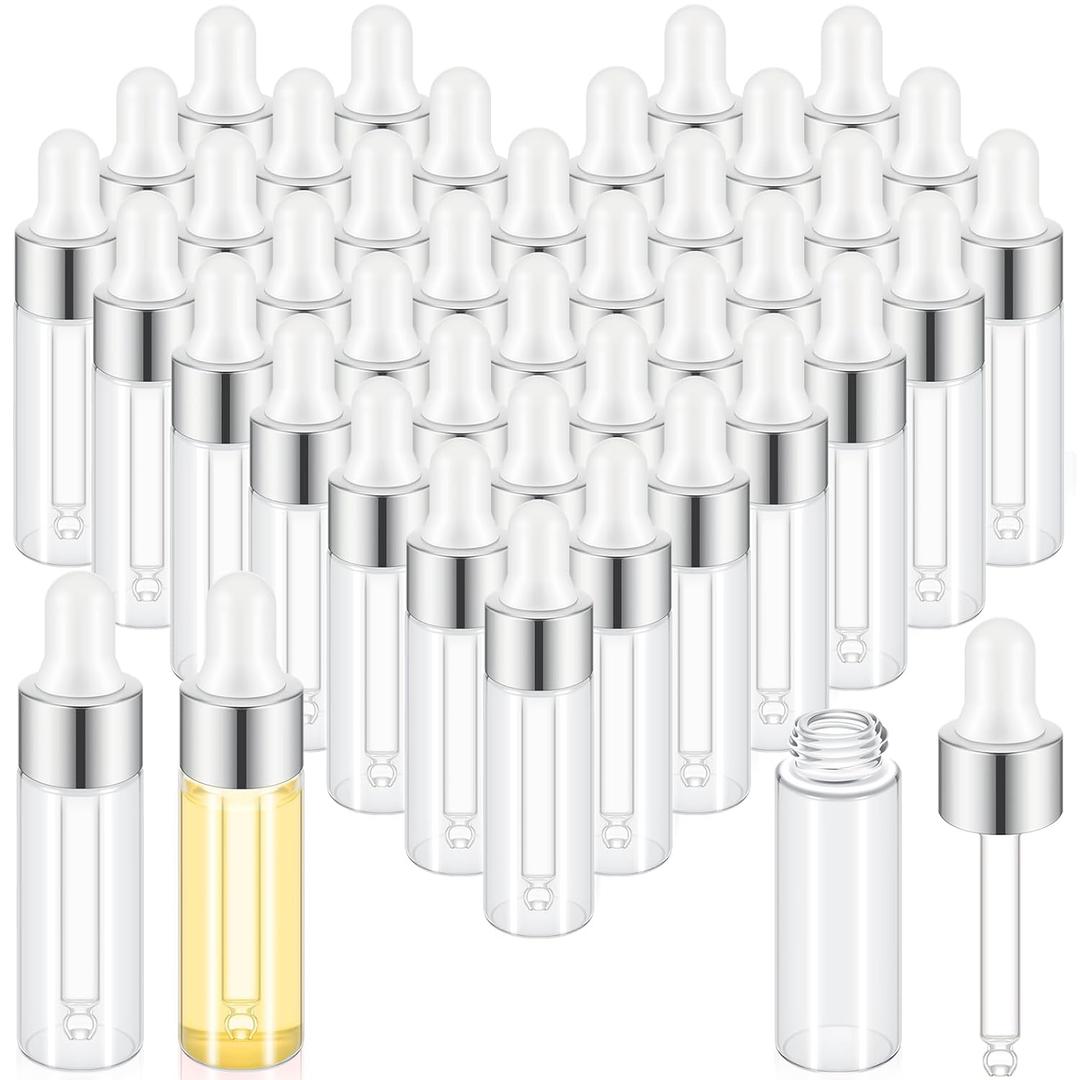 100 Pcs Mini Glass Oil Dropper Bottle Bulk, 5 ml Sliver Clear Essential Small Empty Bottles Sample Containers Perfume Liquid Vials with Cap for Traveling (Silver)
