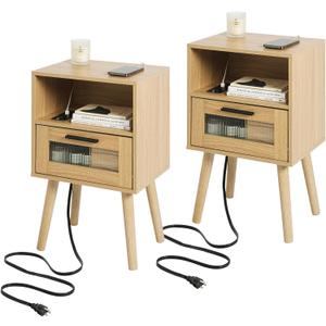 Labcosi Nightstand with Charging Station, Bedside Table w 2 AC outlets and 2 USB Ports, Night Stand with Open Shelf, 23.63" Nightstand w Drawer, Mid Century Modern Night Table for Bedroom(Wood Color)