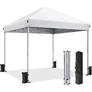 10x10 Pop Up Canopy, Portable Instant Canopy Tent with Carry Bag, 4 Sandbags and 8 Stakes for Outdoor Events, Parties & Camping - White