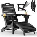 Folding Adirondack Chair with Retractable Ottoman Weather Resistant Fire Pit Chair Patio Chair with 2 Cup Holder Lawn Outdoor Lounge Chair (Black)