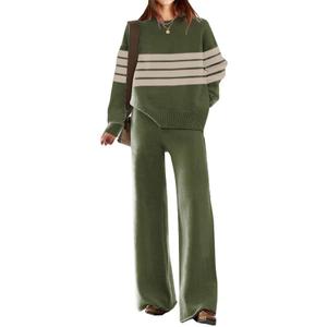 ETCYY NEW Womens Elegant Lounge Sets Knitted Sweatsuit Sets 2 Piece Outfits with Sweater Tops and Wide Leg Sweatpants (Small, Armygreen)