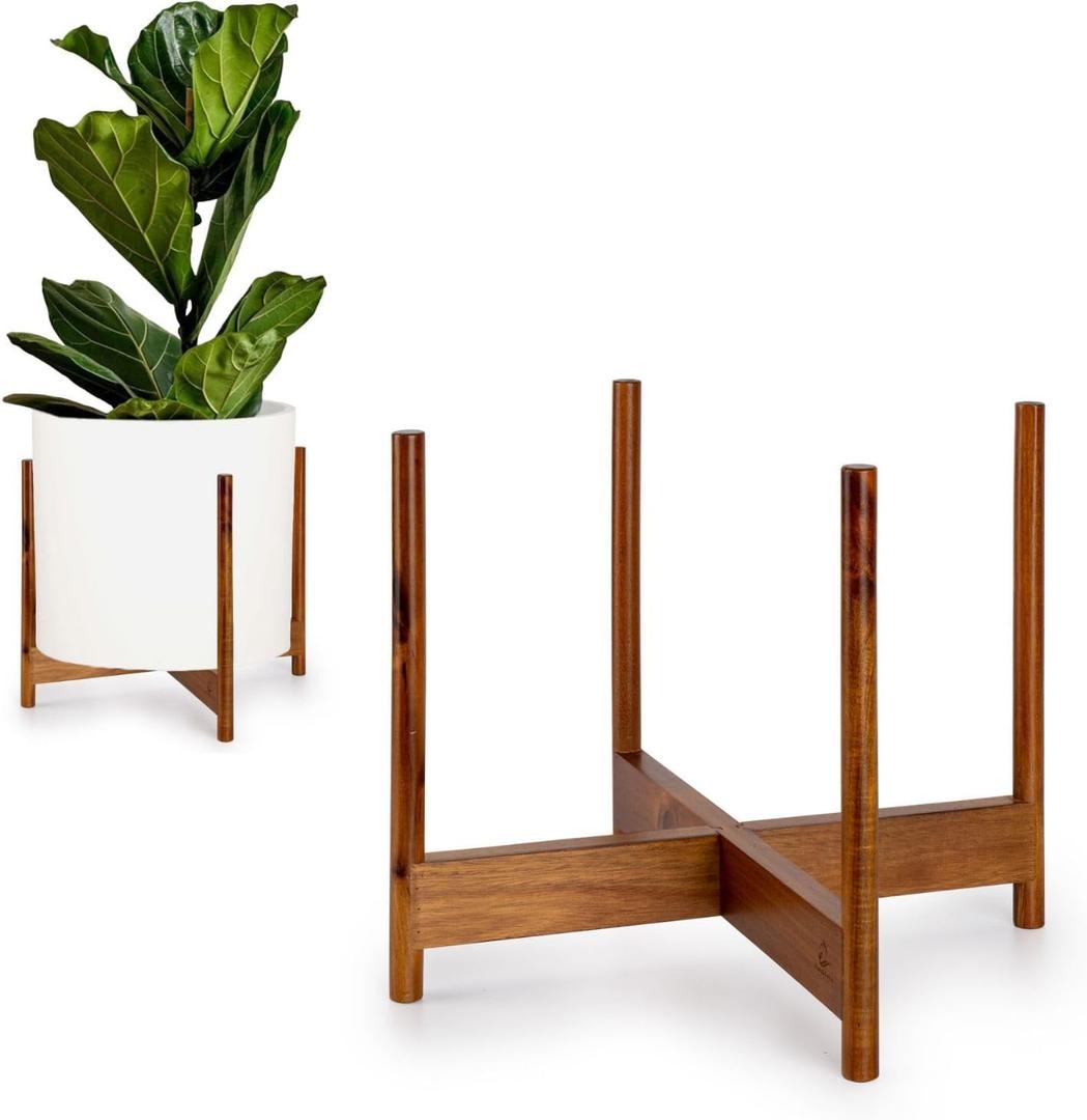 Fox & Fern Mid Century Plant Stand  14.9 Inch Fixed Size Wooden Plant Stand for Indoor Planters (Not Included); Extra Large Flower Pot Holder for Indoor Big Pots; Plug In Design - Acacia
