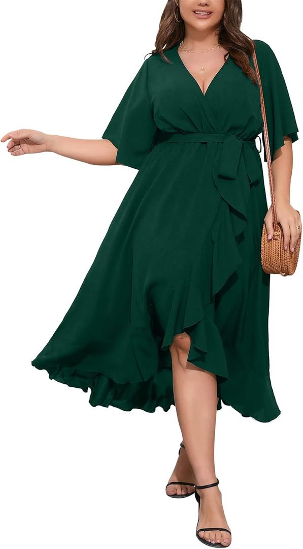 SCOMCHIC Women Plus Size Maxi Dress Short Sleeve Wrap V Neck High Low Split Ruffle Long Dress (Emerald Green) XL