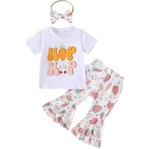 Toddler Girl Easter Bunny Outfits Kid Girls Hangin with My Peeps Bell Bottom Pants Set 2Pcs Summer Clothes