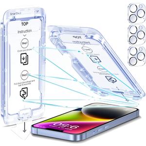 SMARTDEVIL 3-Pack Screen Protector for iPhone 14 Plus with 3-Pack Camera Lens Protector, Clear 9H Tempered Glass Film, Super Fast Installation (Dust-Free & Bubble-Free), Alignment Tool
