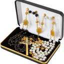 Rosary Lasso for Wedding Ceremony with Case, Gold Tone Crucifix and Medals with Black and Ivory Beads, Traditional Catholic Marriage Lazo Cord Unity Rope for Couples, 4.25 Inch Cross