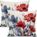 Floral Pillow Covers 18x18 Inches Set of 2 Independence Day Blue Red Floral Throw Pillow Covers Outdoor Rustic Summer Flower Decor Pillowcase Farmhouse Decorative Cushion Cover for Sofa Couch