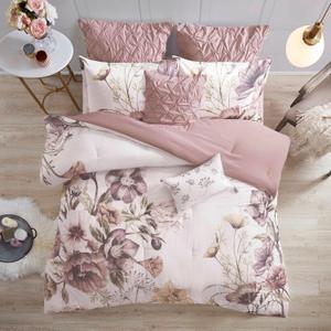Madison Park Floral Cotton Shabby Chic Comforter Set, 8PC Queen Bedding Set, Cassandra Blush