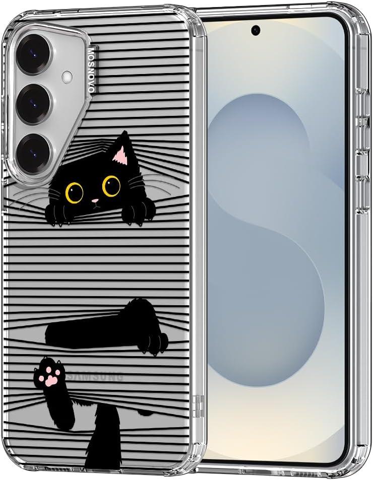 MOSNOVO Case for Samsung Galaxy S25, [Buffertech 6.6ft Military-Grade Drop Protection] [Anti Peel Off Tech] Clear TPU Bumper Phone Case Cover Design - Hidden Black Cat