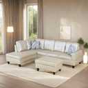 L Shaped Sectional Sofa with Ottoman,Leather Right Facing Modern Couches with Cup Holder for Living Room, Bedroom, Office, Glistening White