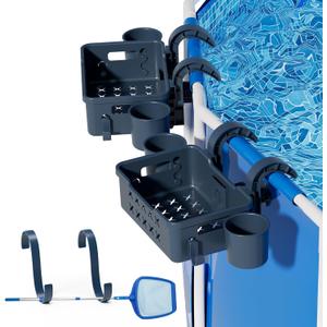 2025 Upgrade 2 Sets of Poolside Storage Basket, Above Ground Pool Accessories with Cup Holder, Swimming Above Ground Pool Hanging Storage Basket Fit for Most Frame Pools
