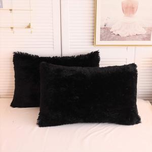 XeGe Faux Fur Throw Pillow Cases Plush Shaggy Ultra Soft Pillow Cover Fluffy Crystal Velvet Decorative Pillowcases Zipper Closure, Set of 2 (Standard, Black)