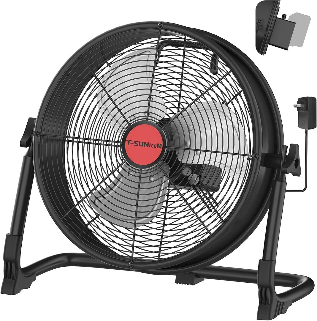 12" Battery Operated Floor Fan Compatible with Milwaukee M18 18V Battery, Portable Fan with AC Adapter and USB Output, Metal Industrial High Velocity, Stepless Speed Cordless Fan for Jobsite Garage