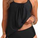Tempt Me Blouson Two Piece Tankini Swimsuits for Women Tummy Control Bathing Suits with Bottoms Modest Loose Fit Swimwear (Small, Black)